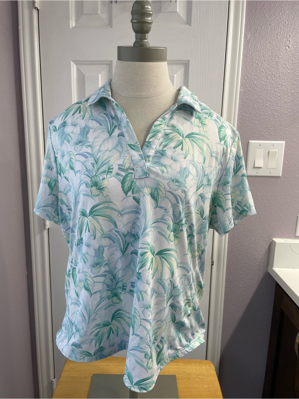 Tommy Bahama Island Zone White Teal Floral Polo Top Hawaiian Tropical Large